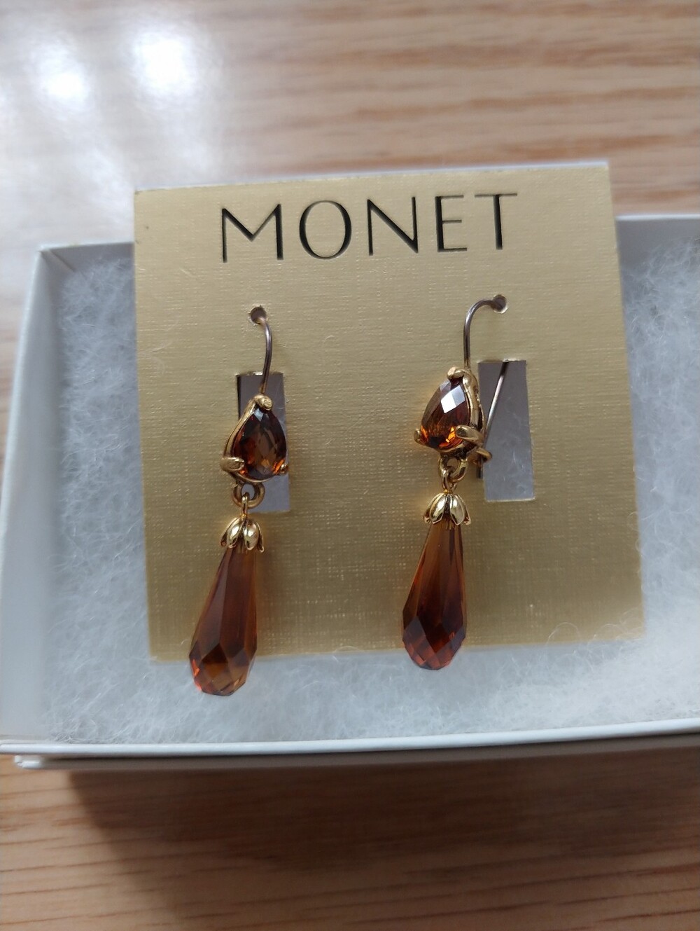 NEW MONET Gold-Tone Amber Teardrop Crystal Earrings